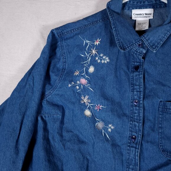 Country Store Floral Embroidered Blue Denim Shirt Womens 2X Long Sleeve Boho - Picture 8 of 16